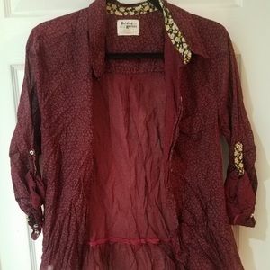 Anthro. Maroon Blouse Sheer Poka Dot & Floral